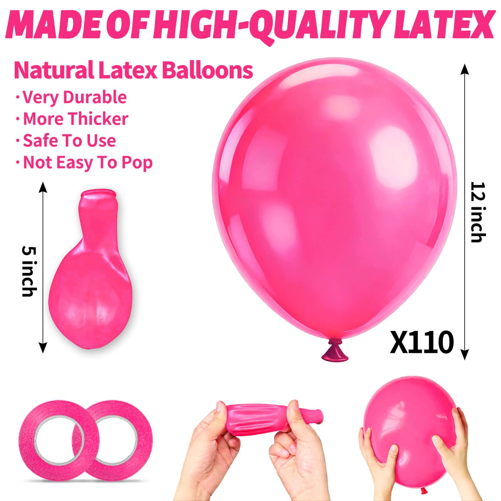 KUULBELA 110pcs Hot Pink Balloons - 12in Latex Party Balloons for Birthday, Baby Shower, Wedding (2 Ribbons Included)