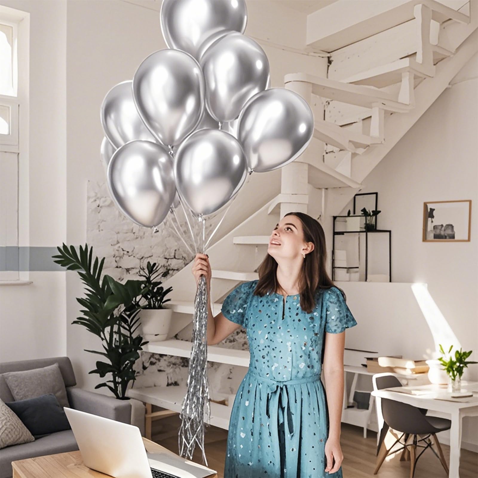 KUULBELA 110pcs Metallic Silver Balloons – 12-Inch Latex with Ribbons for Parties