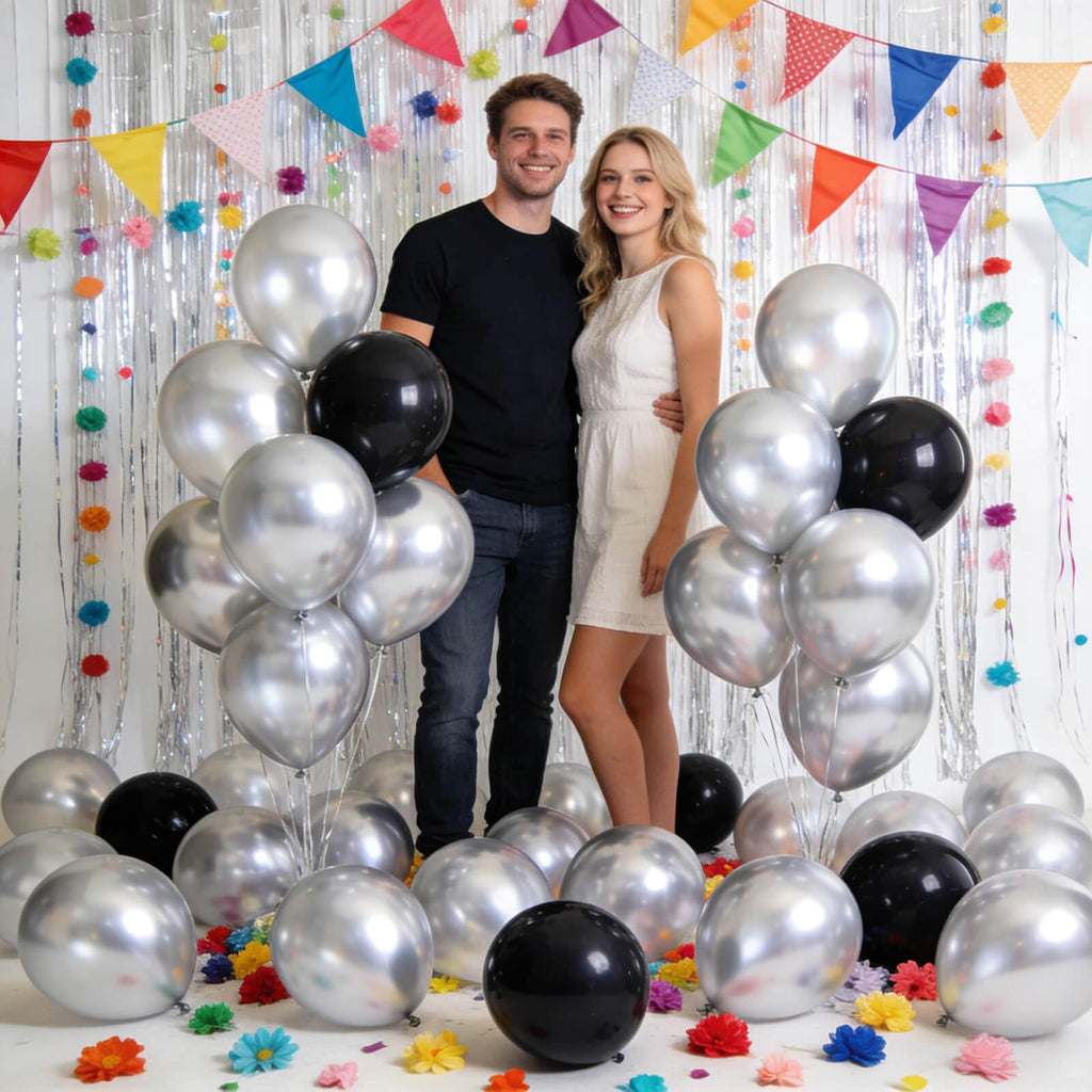 KUULBELA 110pcs Metallic Silver Balloons – 12-Inch Latex with Ribbons for Parties