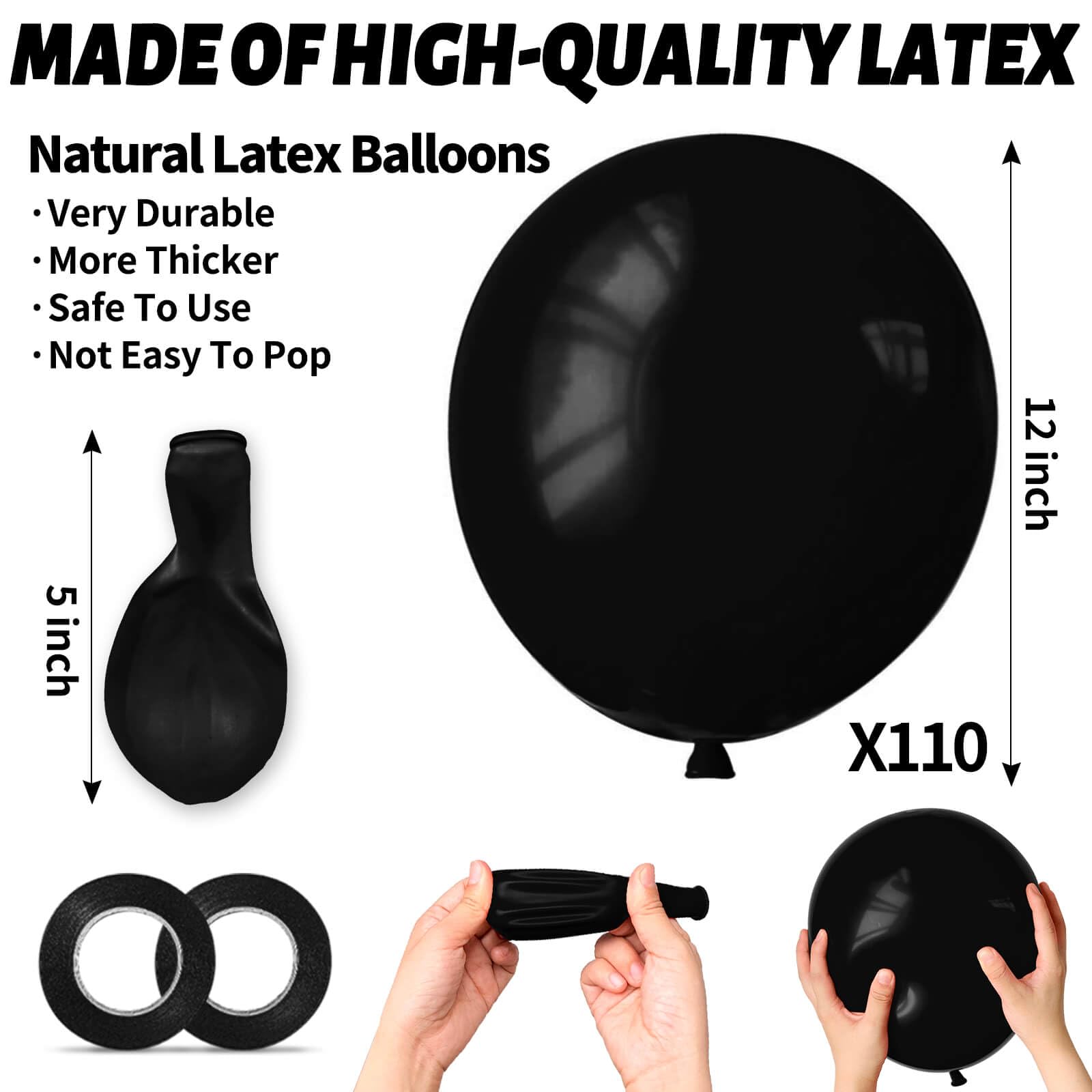 KUULBELA 110pcs Black Balloons 12-Inch | Latex Balloons with 2 Ribbons for Party Decor