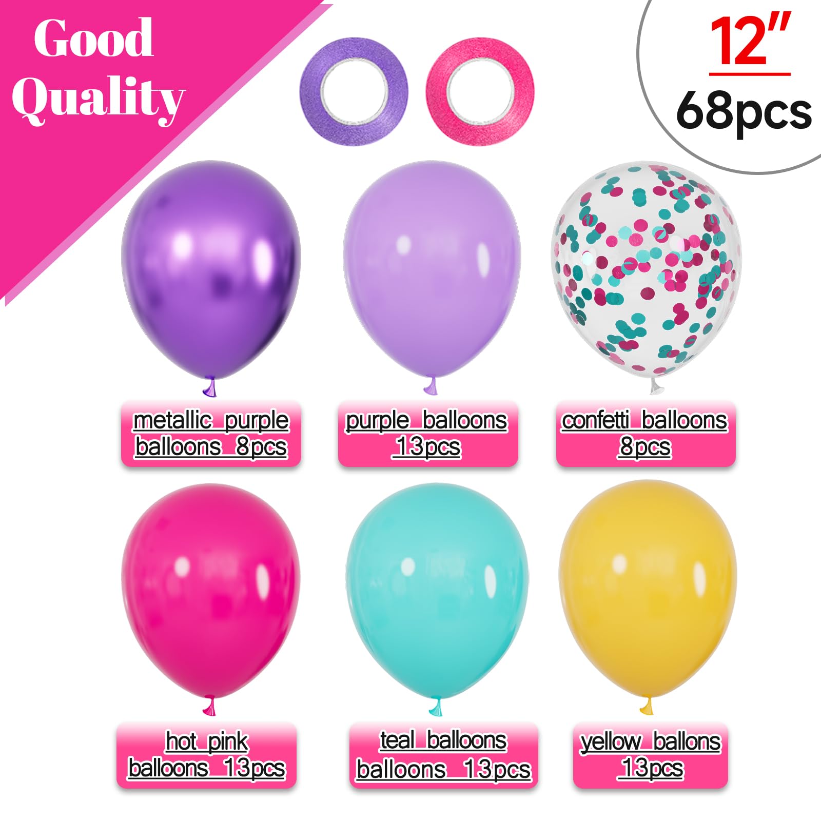 KUULBELA 68Pcs Pink Purple Blue Balloons – 12-Inch Confetti & Solid Color Set for Parties