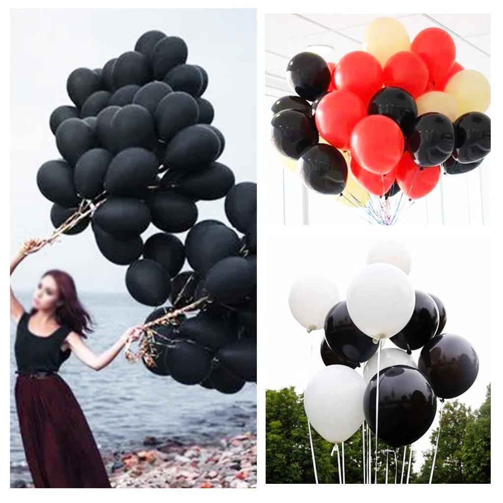 KUULBELA 110pcs Black Balloons 12-Inch | Latex Balloons with 2 Ribbons for Party Decor