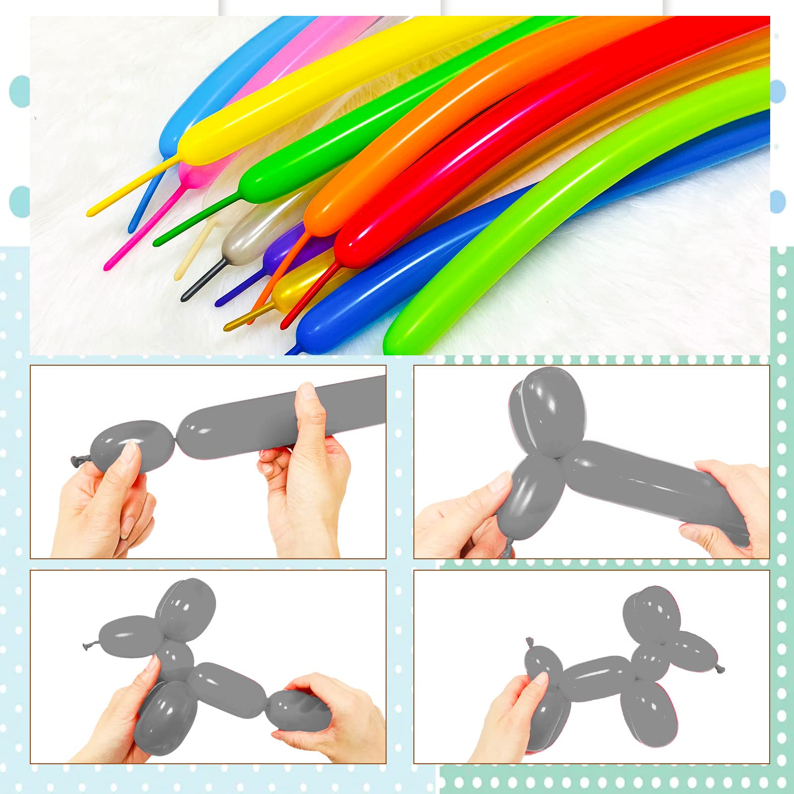 KUULBELA Long Grey 260 Balloons – Thickened Latex for Balloon Animals & Garland Kit (100 Pcs)