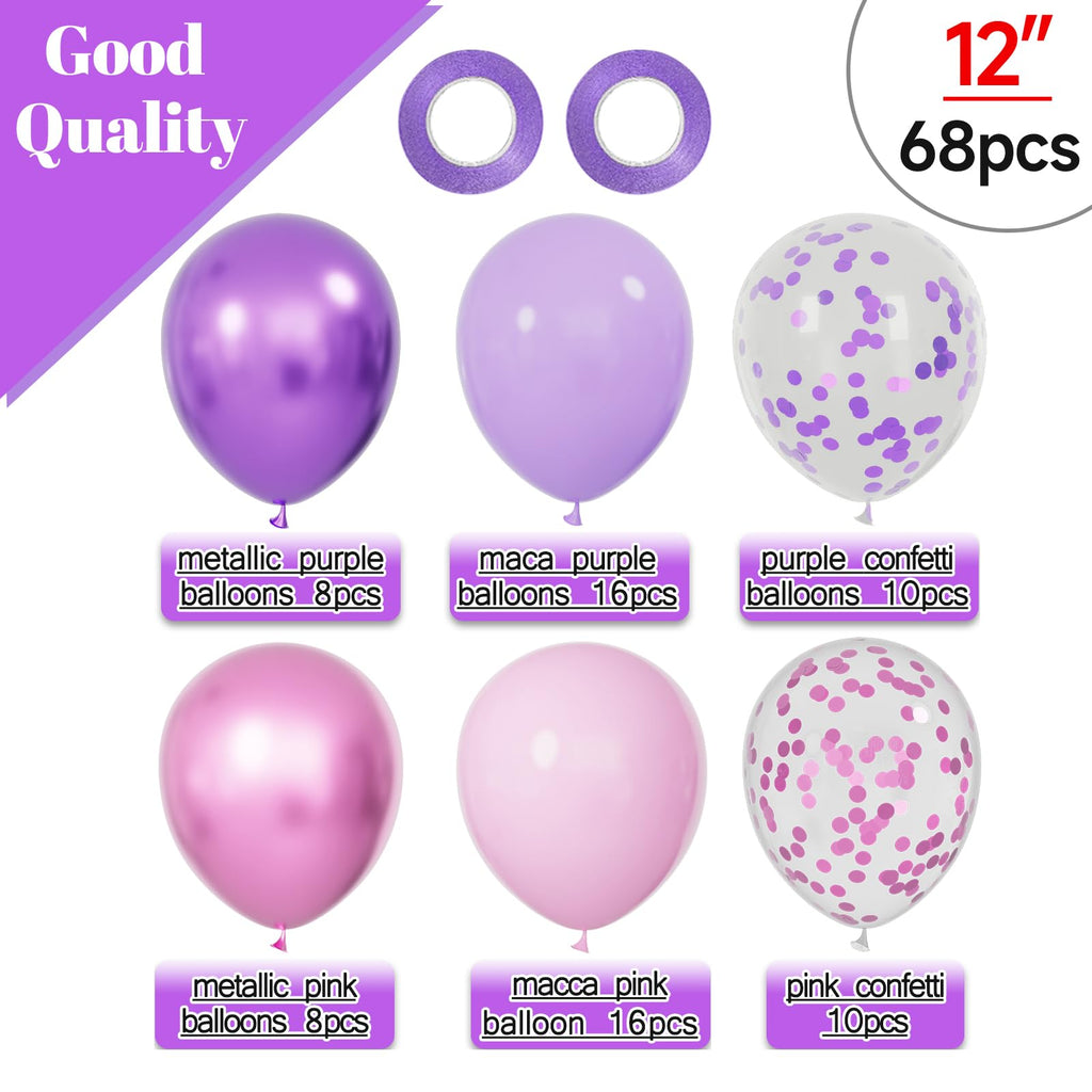 KUULBELA 68Pcs Pink & Purple Balloon Set – 12 Inch Latex Confetti Balloons for Weddings & Parties