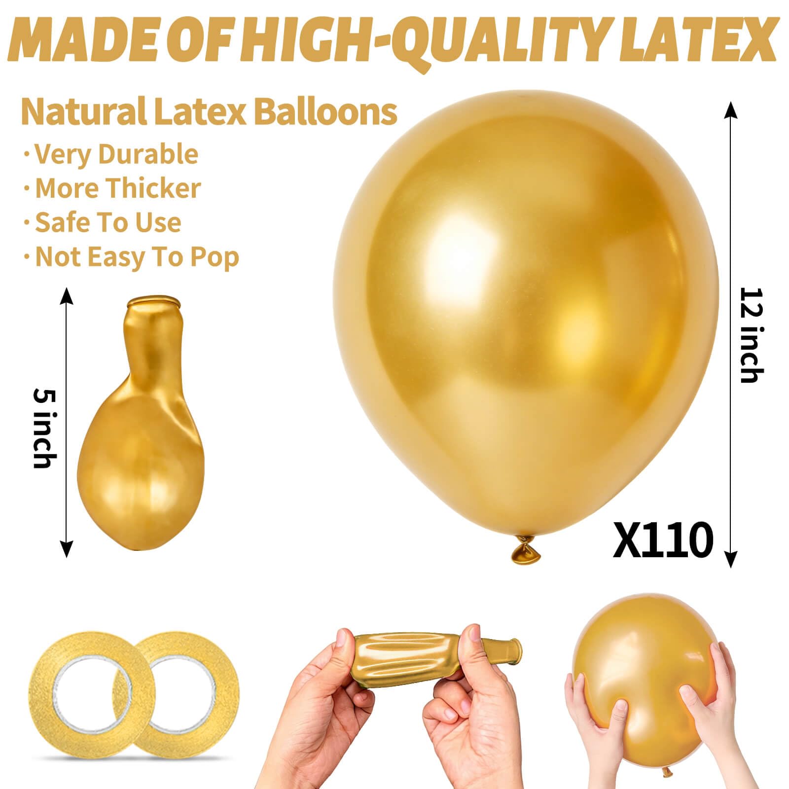 KUULBELA 110pcs Metallic Gold Balloons – 12 inch Latex, Includes 2 Ribbons
