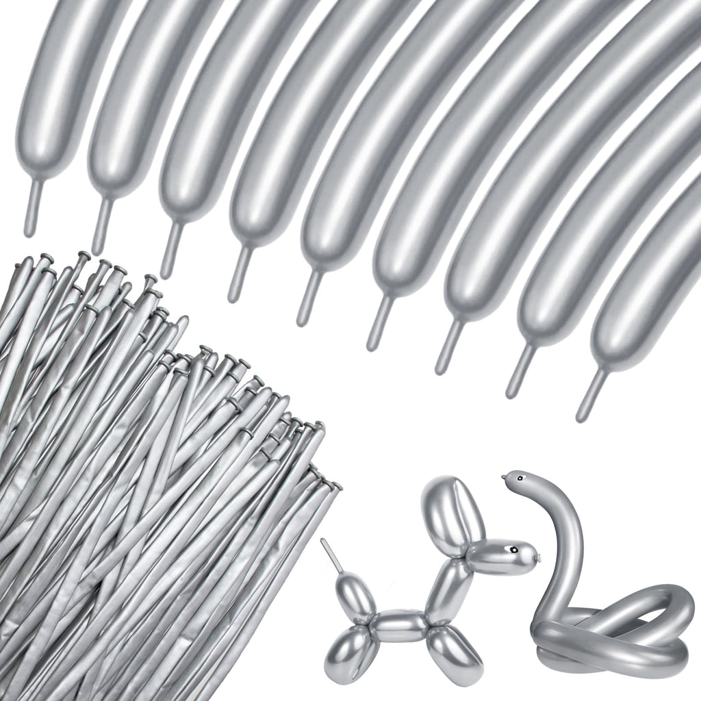 KUULBELA 100Pcs 260 Balloons – Metallic Silver Long Balloons for Creative Balloon Animals & Party Decor