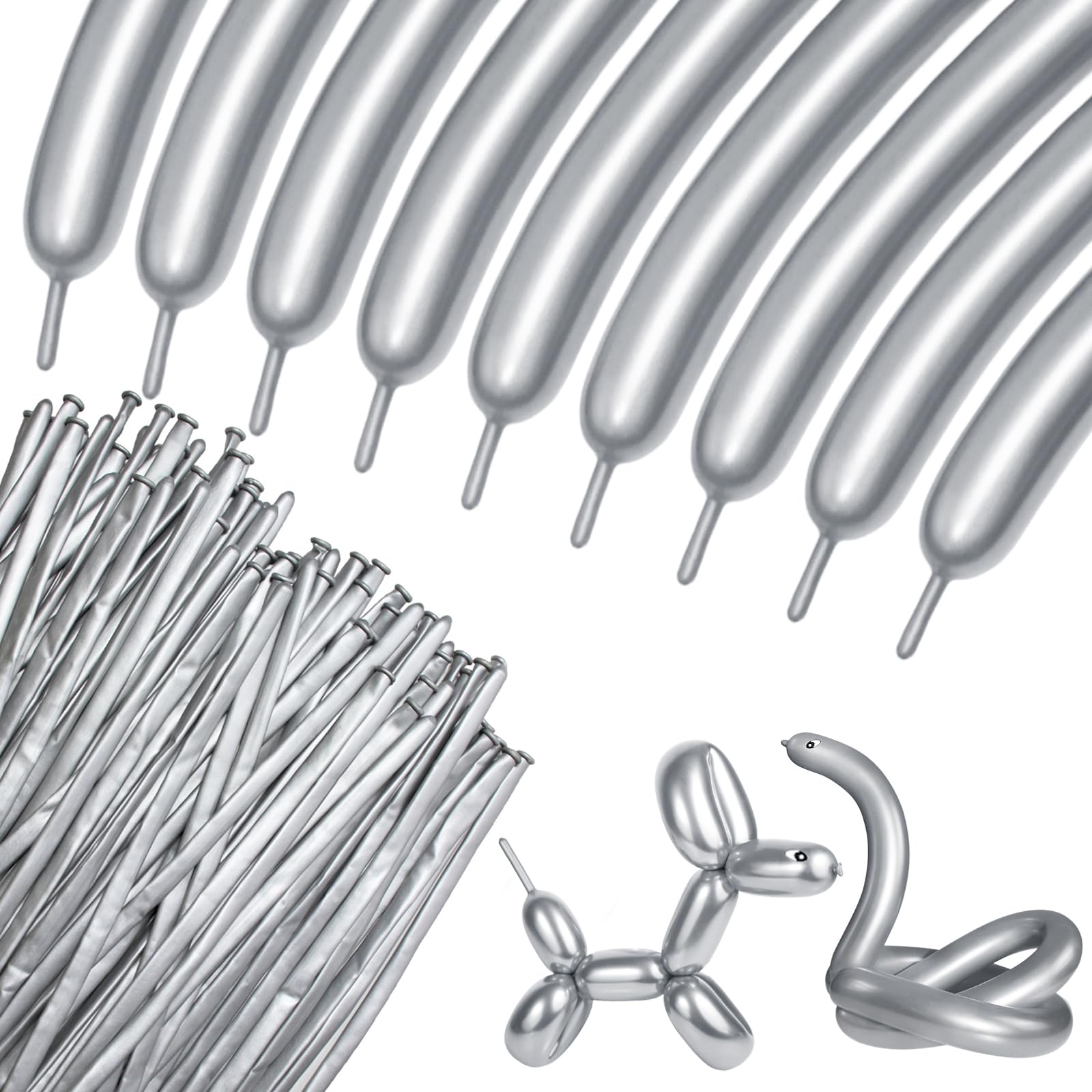 KUULBELA 100Pcs 260 Balloons – Metallic Silver Long Balloons for Creative Balloon Animals & Party Decor