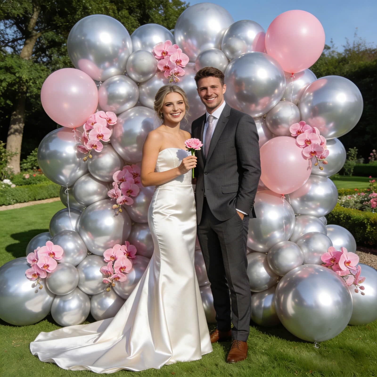 KUULBELA 110pcs Metallic Silver Balloons – 12-Inch Latex with Ribbons for Parties