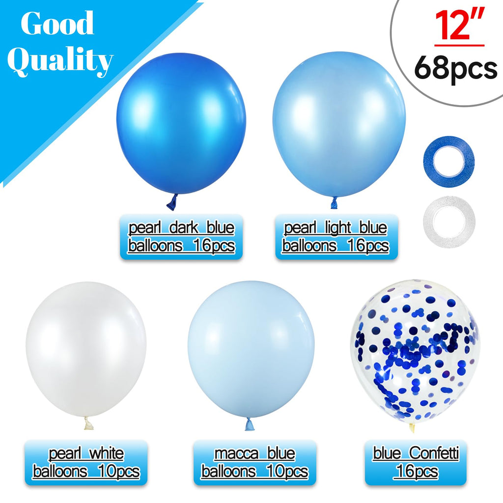 KUULBELA 68Pcs Blue and White Balloons Kit – 12 Inch Confetti & Pearl Balloons for Parties