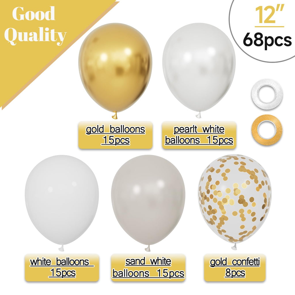 KUULBELA 68Pcs Sand White & Gold Confetti Balloons Kit – 12 Inch Balloons with Ribbons for Weddings & Celebrations