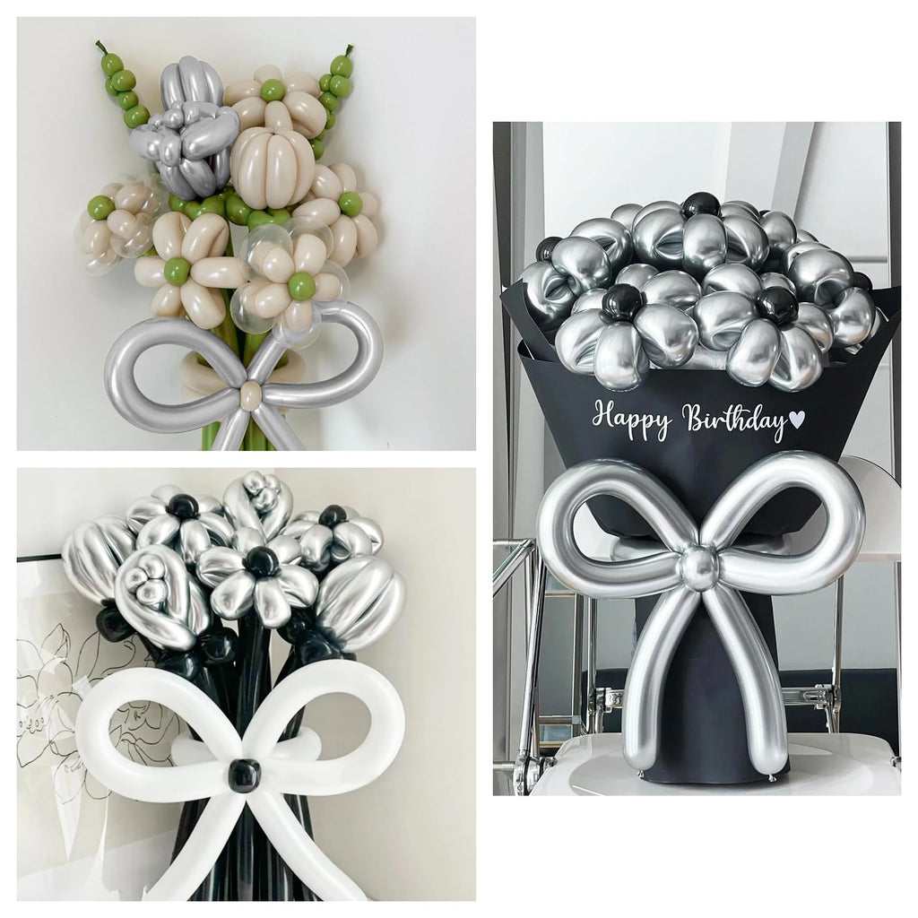 KUULBELA 100Pcs 260 Balloons – Metallic Silver Long Balloons for Creative Balloon Animals & Party Decor