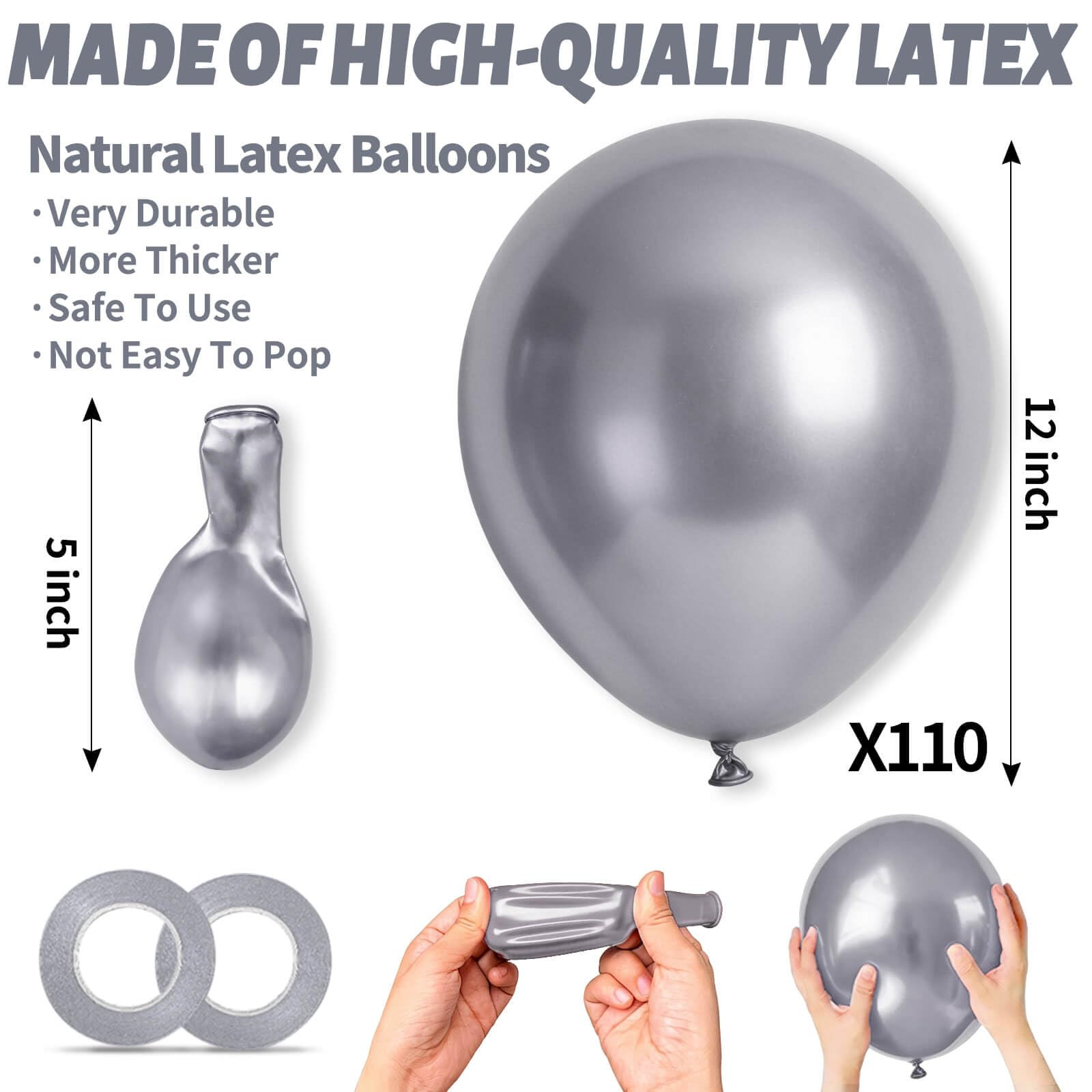 KUULBELA 110pcs Metallic Silver Balloons – 12-Inch Latex with Ribbons for Parties