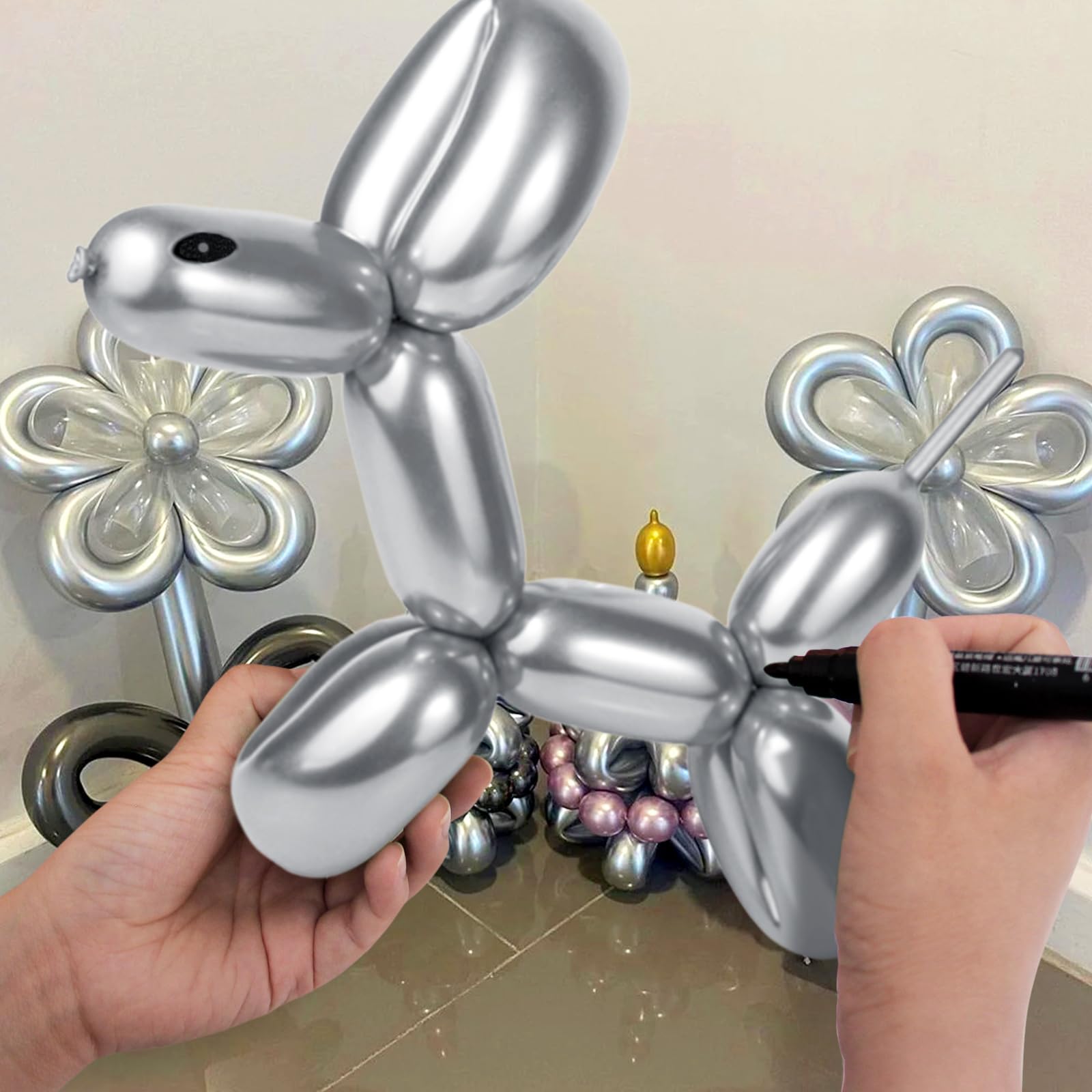KUULBELA 100Pcs 260 Balloons – Metallic Silver Long Balloons for Creative Balloon Animals & Party Decor