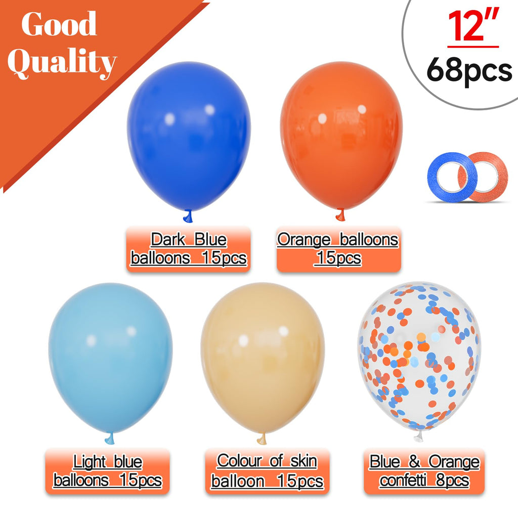 KUULBELA 68Pcs Blue & Orange Balloons Set - 12 Inch Birthday Party Decor