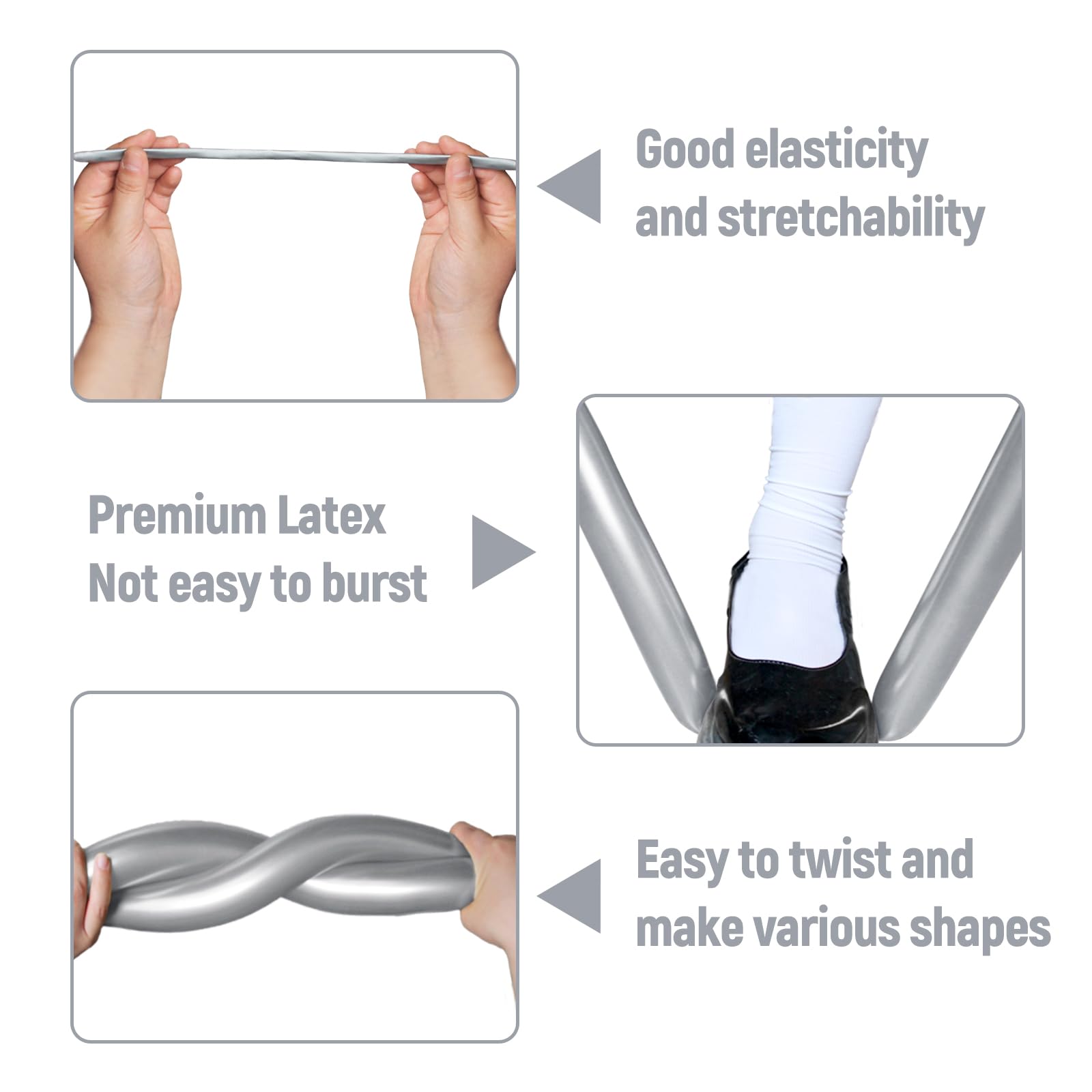 KUULBELA 100Pcs 260 Balloons – Metallic Silver Long Balloons for Creative Balloon Animals & Party Decor