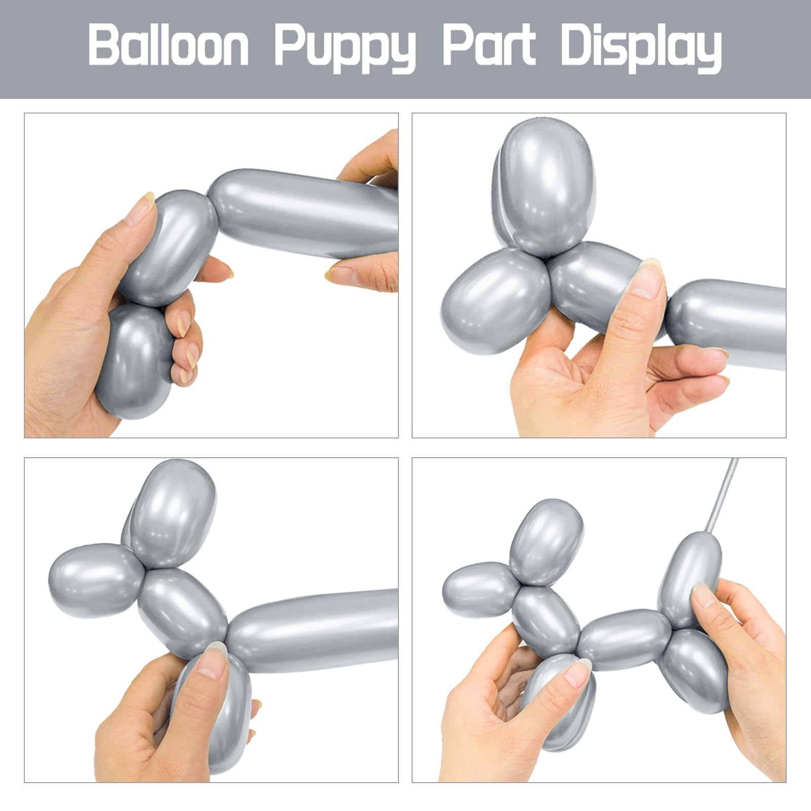 KUULBELA 100Pcs 260 Balloons – Metallic Silver Long Balloons for Creative Balloon Animals & Party Decor