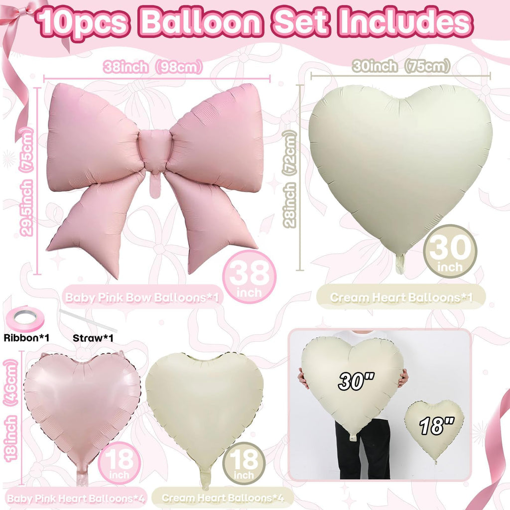 KYGNE 30-Inch Pink & White Heart Balloons + 38-Inch Pink Bow Foil Balloon Set – 10 Pieces