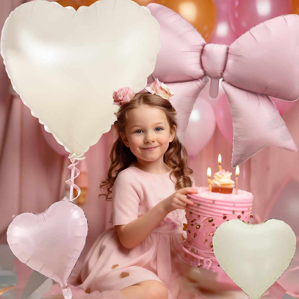 KYGNE 30-Inch Pink & White Heart Balloons + 38-Inch Pink Bow Foil Balloon Set – 10 Pieces