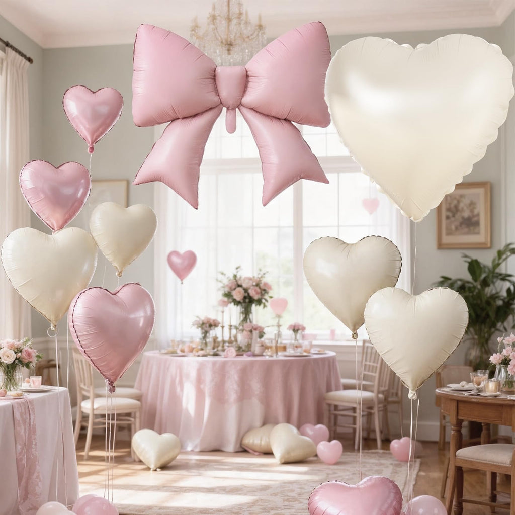 KYGNE 30-Inch Pink & White Heart Balloons + 38-Inch Pink Bow Foil Balloon Set – 10 Pieces