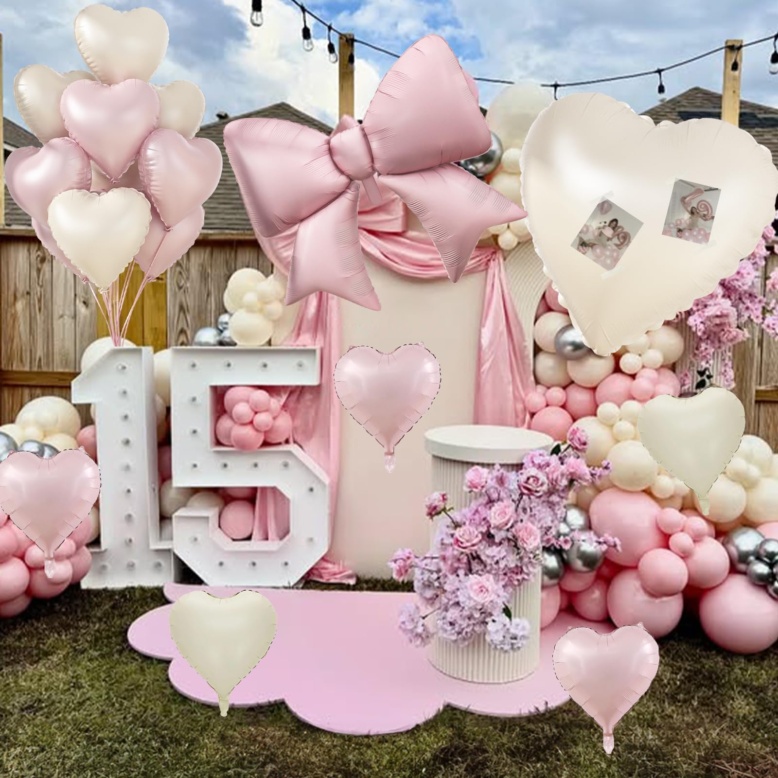 KYGNE 30-Inch Pink & White Heart Balloons + 38-Inch Pink Bow Foil Balloon Set – 10 Pieces