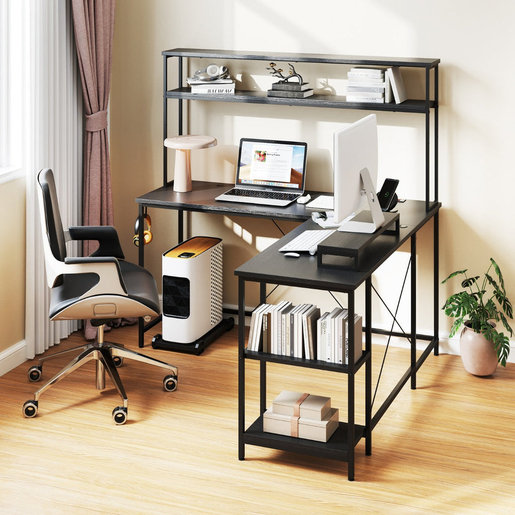 L-Shaped Gaming Desk with LED Strip and Power Outlets-Rustic Brown