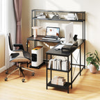 L-Shaped Gaming Desk with LED Strip and Power Outlets-Rustic Brown