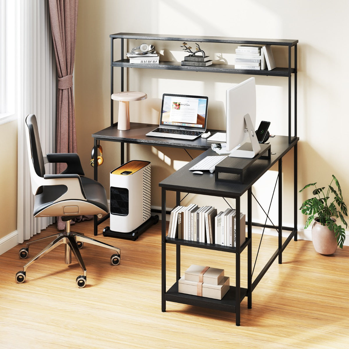 L-Shaped Gaming Desk with LED Strip and Power Outlets-Rustic Brown