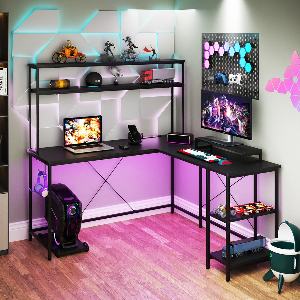 L-Shaped Gaming Desk with LED Strip and Power Outlets-Rustic Brown