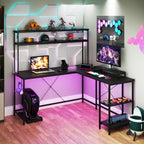 L-Shaped Gaming Desk with LED Strip and Power Outlets-Rustic Brown