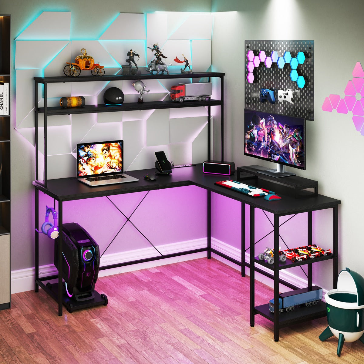L-Shaped Gaming Desk with LED Strip and Power Outlets-Rustic Brown