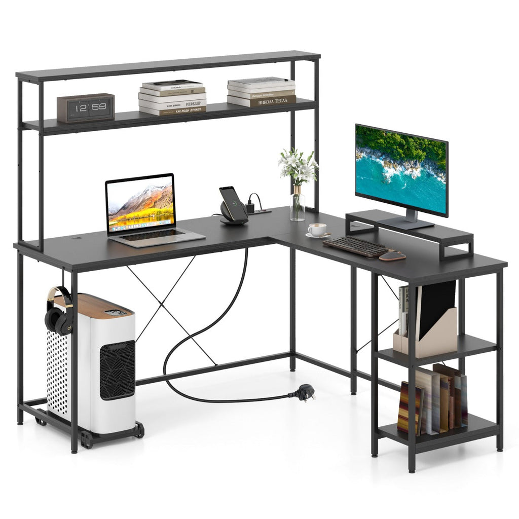 L-Shaped Gaming Desk with LED Strip and Power Outlets-Rustic Brown
