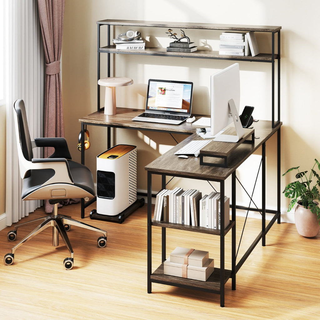 L-Shaped Gaming Desk with LED Strip and Power Outlets-Rustic Brown