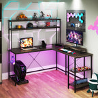 L-Shaped Gaming Desk with LED Strip and Power Outlets-Rustic Brown