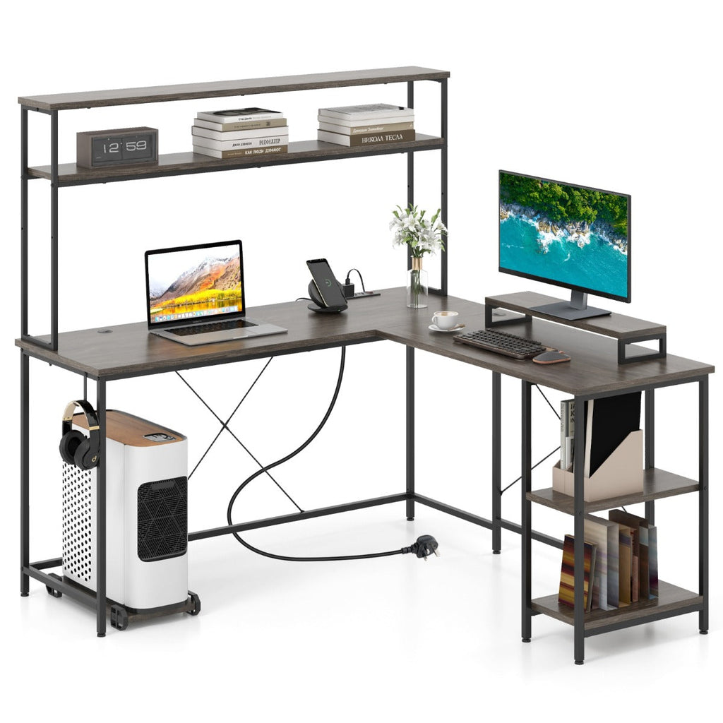 L-Shaped Gaming Desk with LED Strip and Power Outlets-Rustic Brown