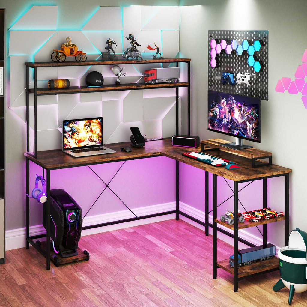 L-Shaped Gaming Desk with LED Strip and Power Outlets-Rustic Brown