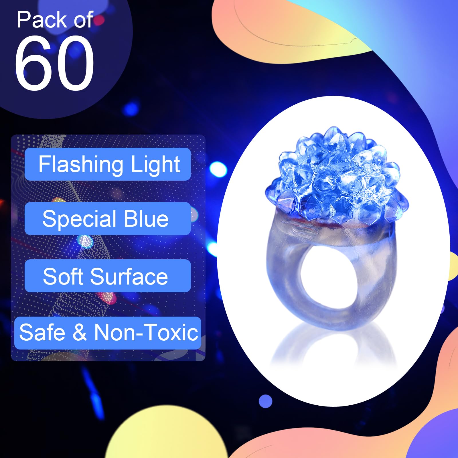 LACGO 60 PCS Halloween LED Flashing Bumpy Rings – Blue Light Jelly Glow Party Favors