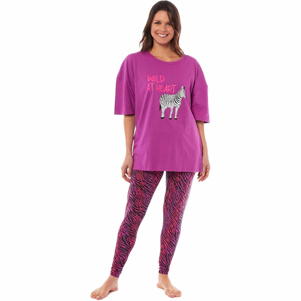 Daisy Dreamer Ladies Oversized Cotton T Shirt And Leggings PJ Set With Giraffe And Zebra