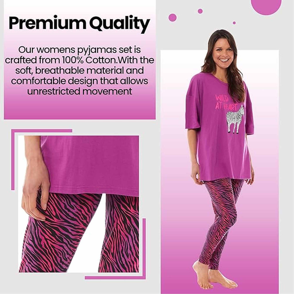 Daisy Dreamer Ladies Oversized Cotton T Shirt And Leggings PJ Set With Giraffe And Zebra