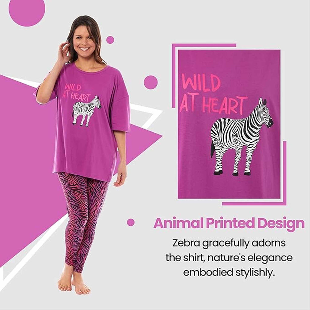 Daisy Dreamer Ladies Oversized Cotton T Shirt And Leggings PJ Set With Giraffe And Zebra
