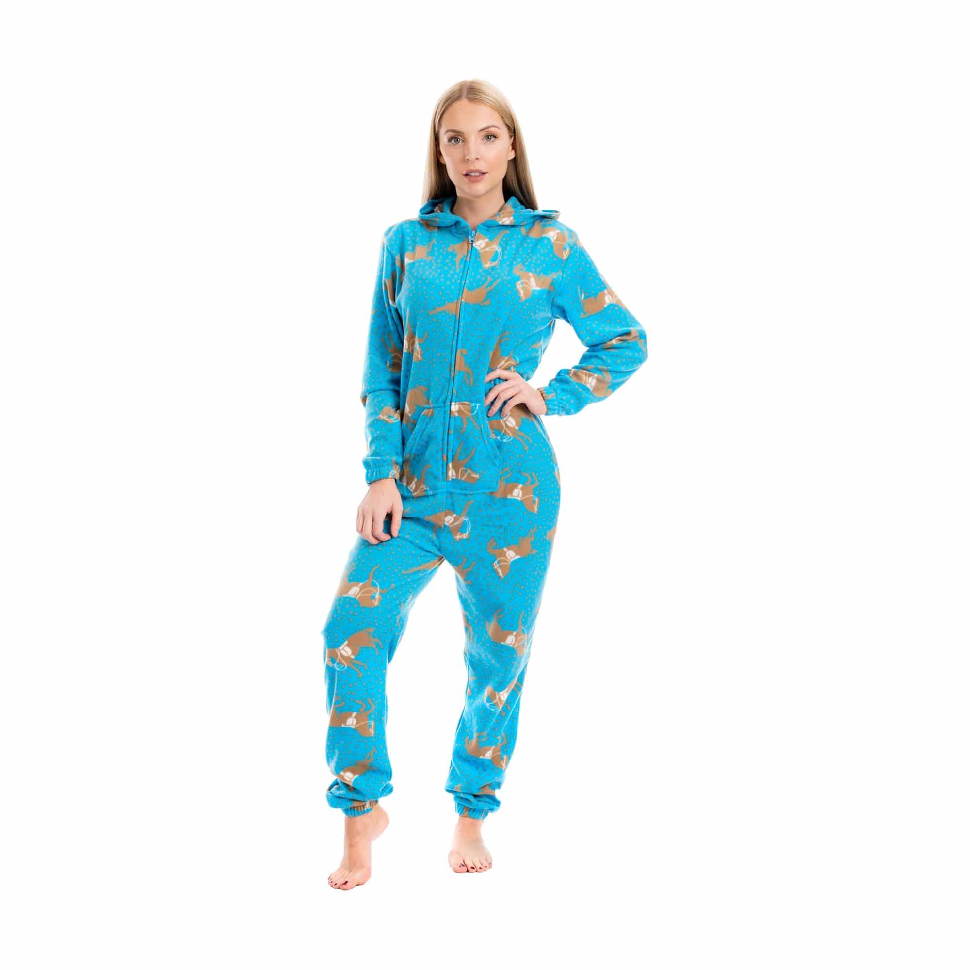 Daisy Dreamer Ladies Hooded Fleece Onesie Pyjamas With Horse Print Zipper Front Elastic