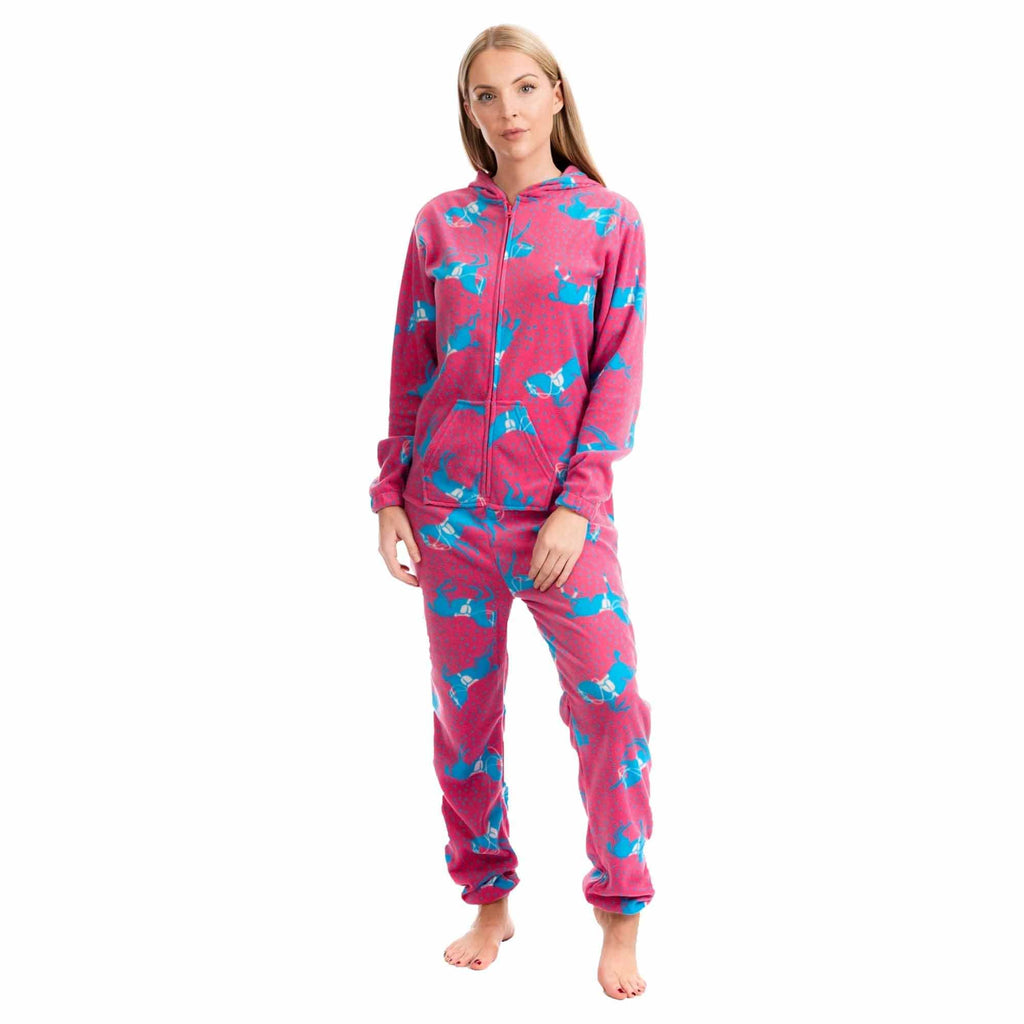 Daisy Dreamer Ladies Hooded Fleece Onesie Pyjamas With Horse Print Zipper Front Elastic