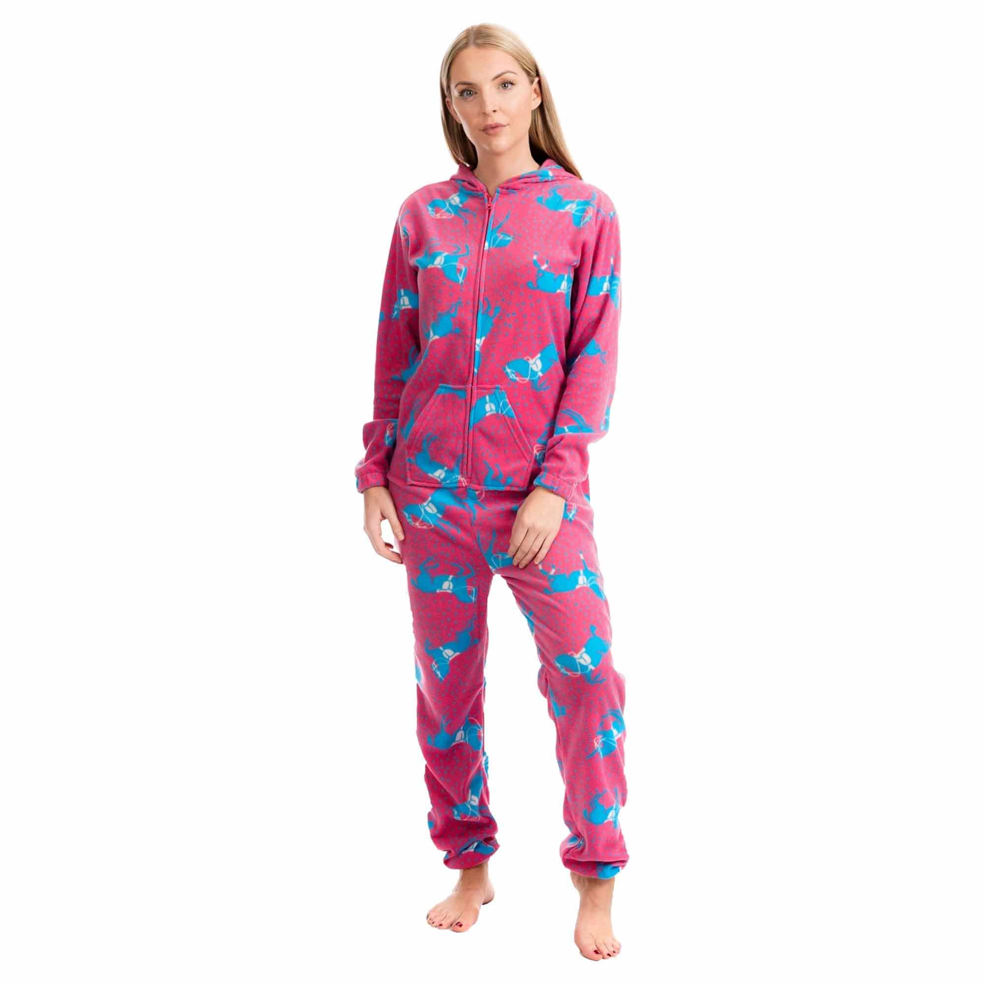 Daisy Dreamer Ladies Hooded Fleece Onesie Pyjamas With Horse Print Zipper Front Elastic