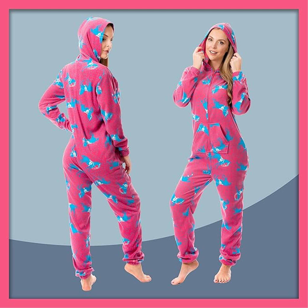 Daisy Dreamer Ladies Hooded Fleece Onesie Pyjamas With Horse Print Zipper Front Elastic