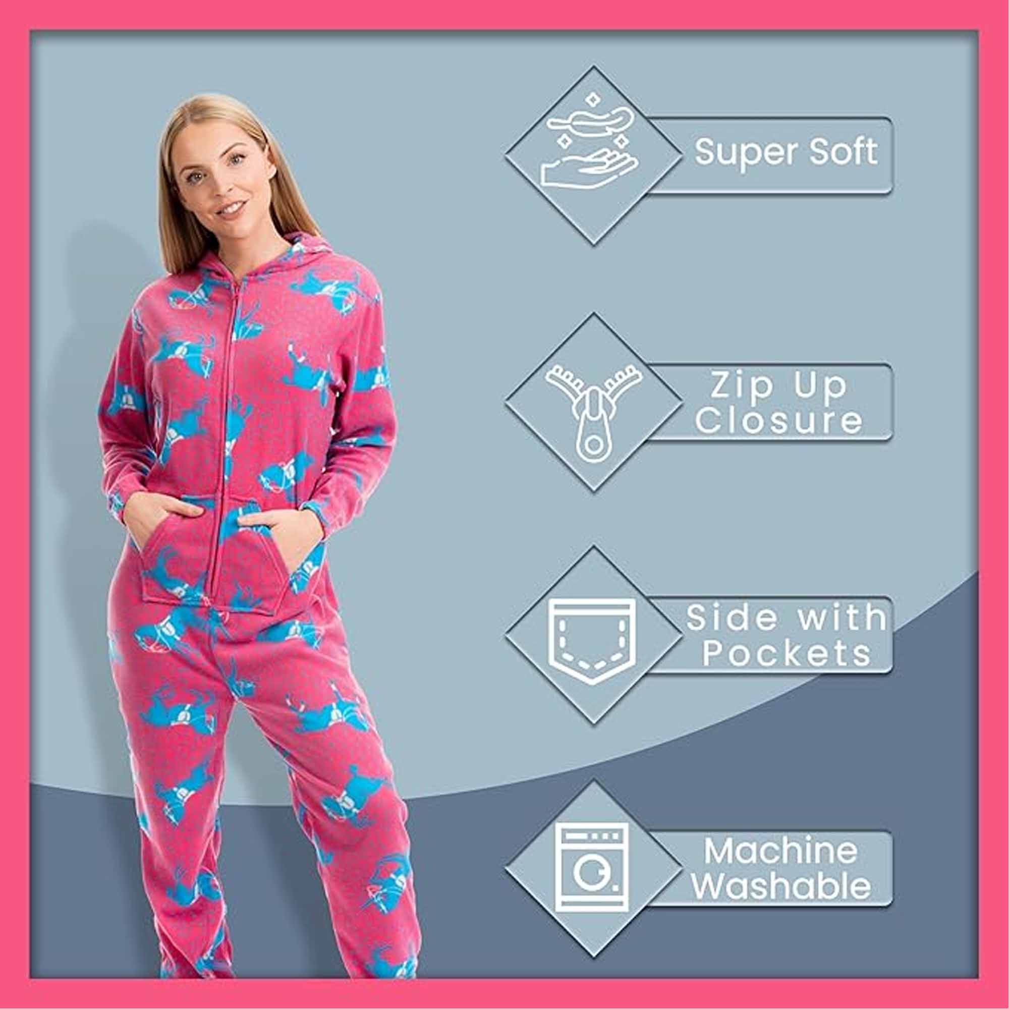 Daisy Dreamer Ladies Hooded Fleece Onesie Pyjamas With Horse Print Zipper Front Elastic