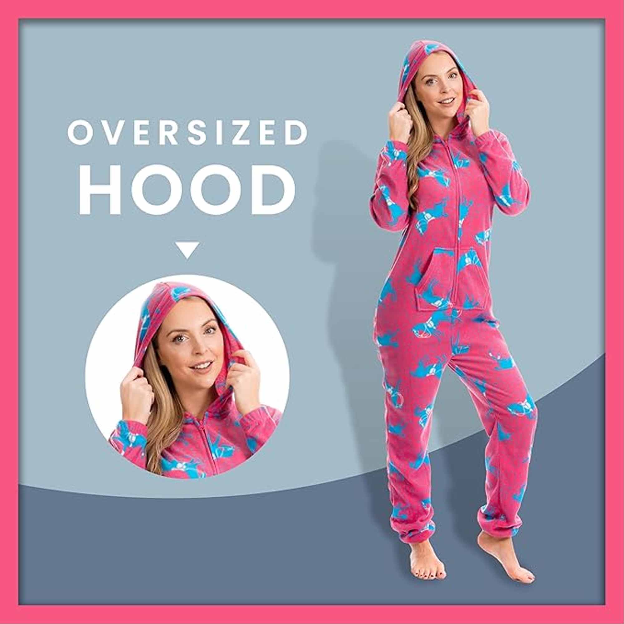 Daisy Dreamer Ladies Hooded Fleece Onesie Pyjamas With Horse Print Zipper Front Elastic