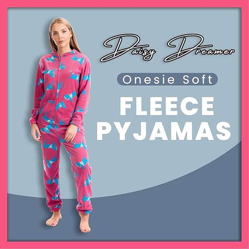 Daisy Dreamer Ladies Hooded Fleece Onesie Pyjamas With Horse Print Zipper Front Elastic