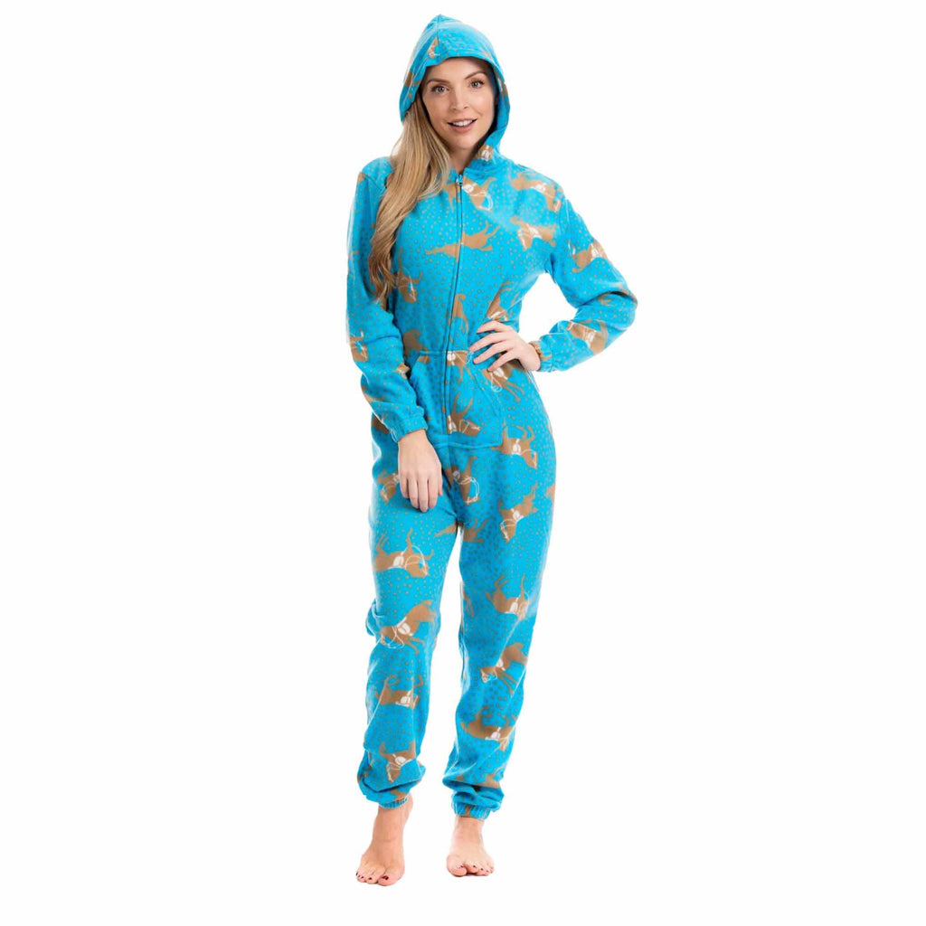 Daisy Dreamer Ladies Hooded Fleece Onesie Pyjamas With Horse Print Zipper Front Elastic
