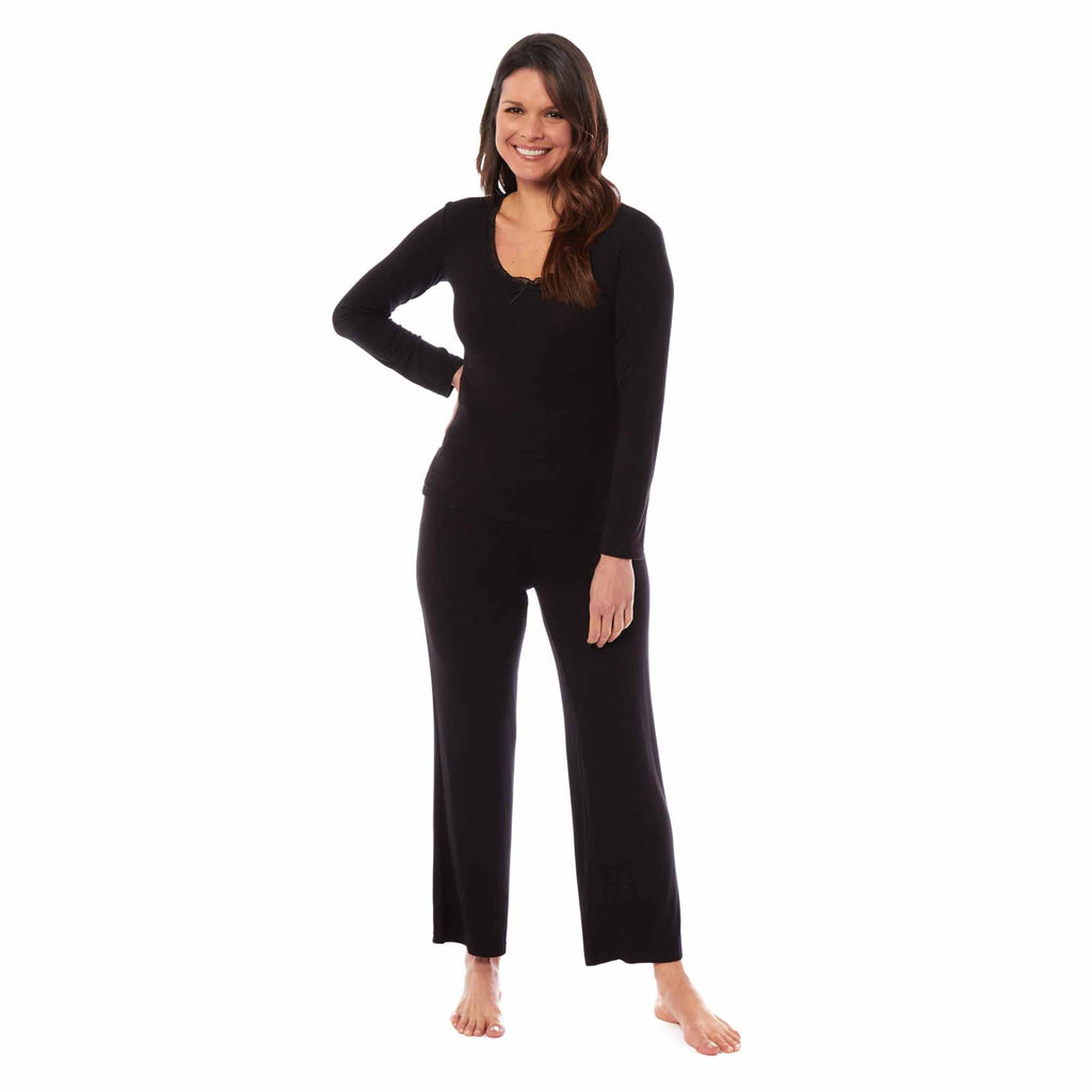 Daisy Dreamer Ladies Pyjama Set Long Sleeve Stretch Fit Black Green Viscose Spandex Blend