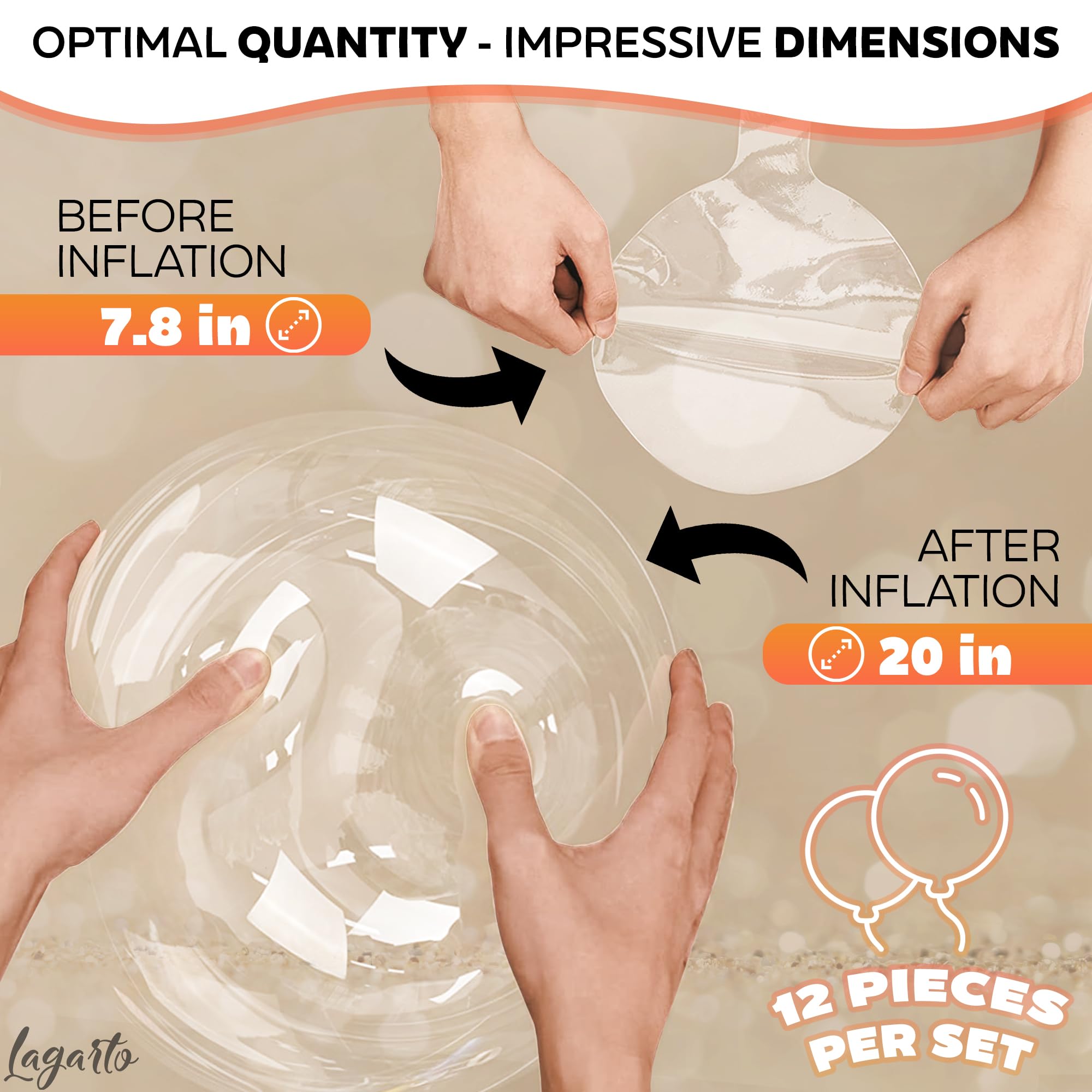 Lagarto Clear Balloons for Stuffing – 12 Pack, 20in Transparent TPU Glossy Bubble Balloons