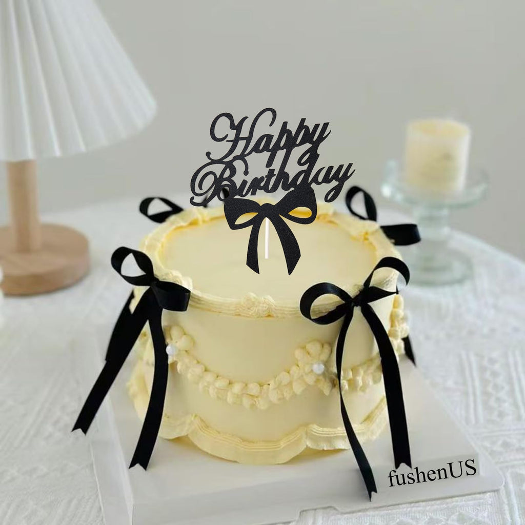LAIFOOSHEN Bow Cake Topper - 12 Black Ribbon Toppers + Happy Birthday Sign